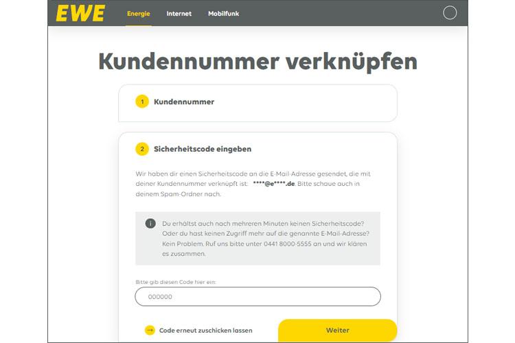 Screenshot der Seite "Anmeldung abschließen - Sicherheitscode eingeben" in Mein EWE - Energie