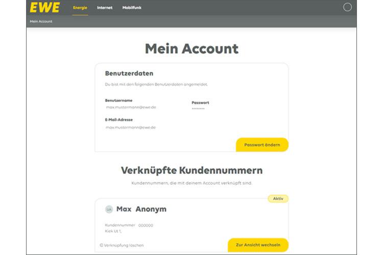 Screenshot der Seite "Herzlich willkommen" in Mein EWE - Energie