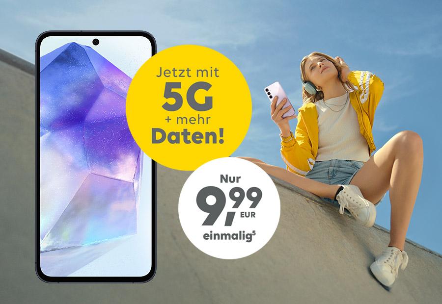 Samsung Galaxy S25 mit einem gelben Kreis, in dem "Schon ab 9,99 € einmalig" steht
