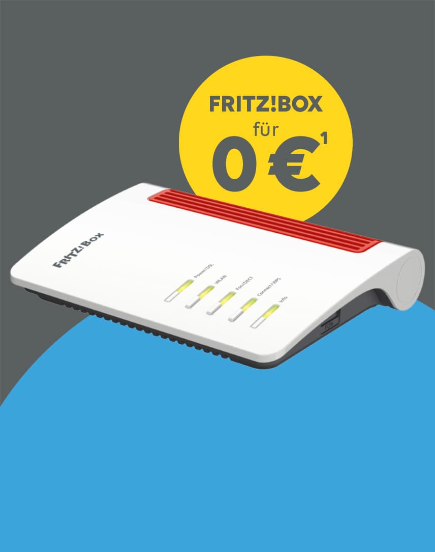 FRITZ!Box auf blau-grauem Hintergrund mit gelbem Preisstörer