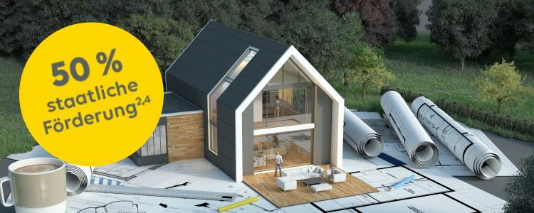 Symbolische Darstellung eines KfW-Effizienzhauses mit entsprechenden Energiesparplänen. Ein Störer weist auf 50 % staatliche Förderung hin