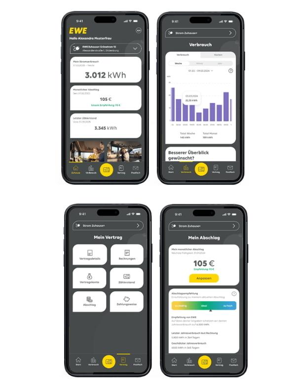 Smartphone mit Screenshots aus der Mein EWE Energie App