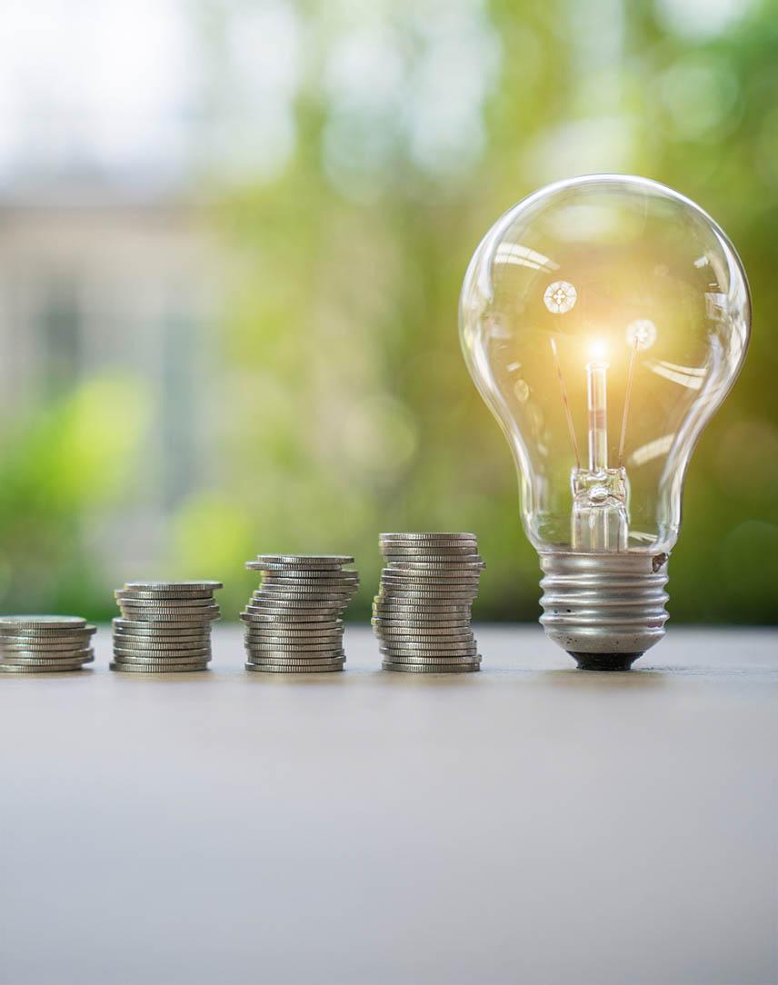 Aufgehäufte Münzen und Glühbirne