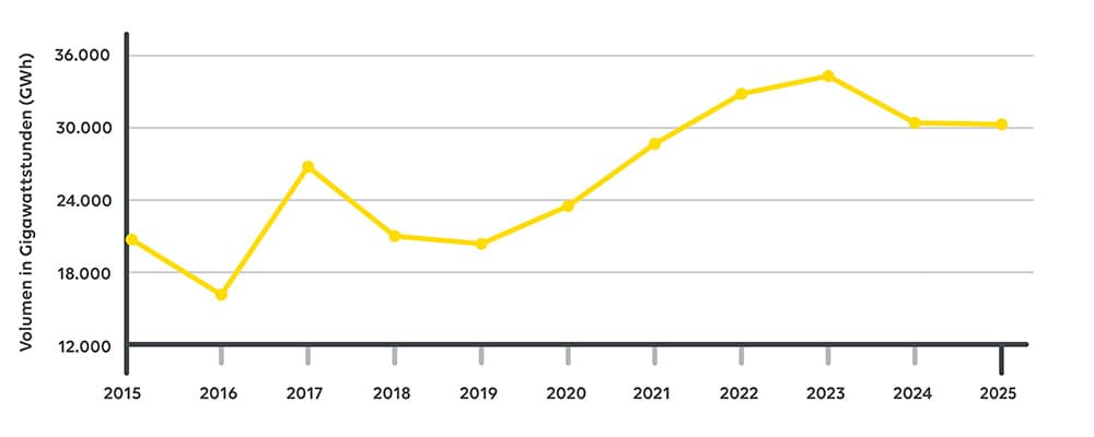 Graph über die Netzengpässe 2015 bis 2025