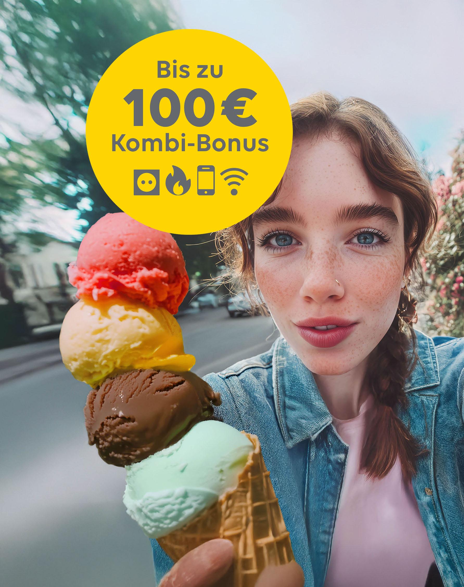 Mädchen singt in der Küche, ein gelber Störer weißt auf 100 Euro Kombibonus hin